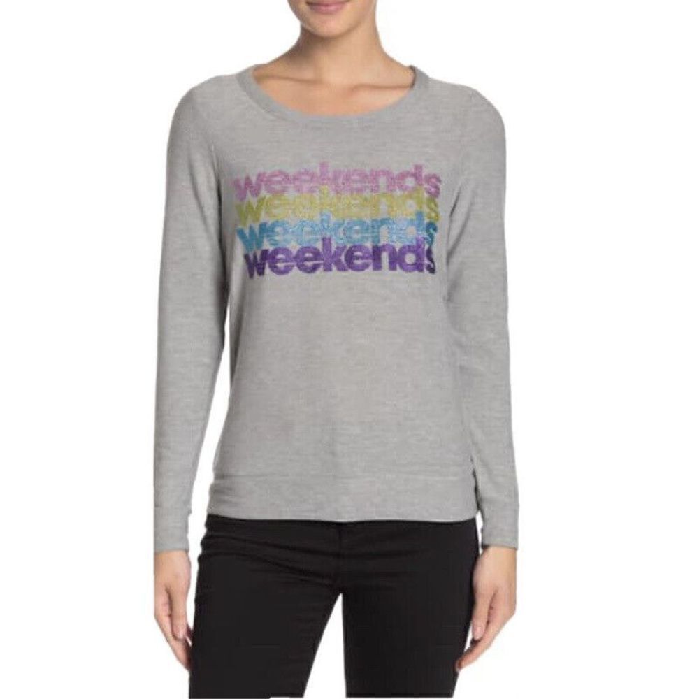 CHASER Womens "WEEKENDS" Graphic Sweatshirt NEW Scoop-Neck Stretch Sz XS